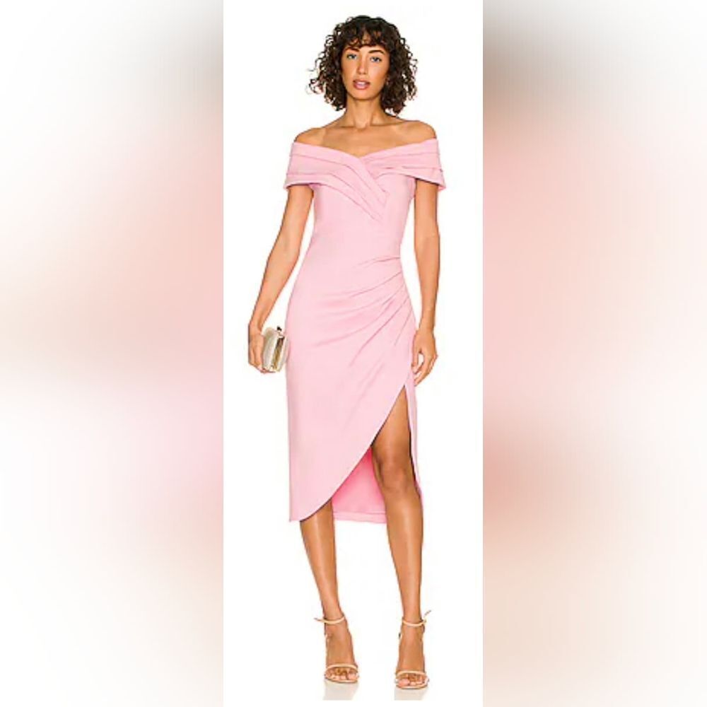 ELLIATT Eventide Off Shoulder PleatedβCrepe Tulip Hem Midi Dress NWT Sz M Pink